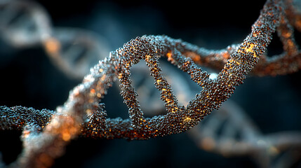 closeup macro photo of dna twisted strands double helix molecular biology genetics laboratory research genome sequence analysis scientific experiment illustration