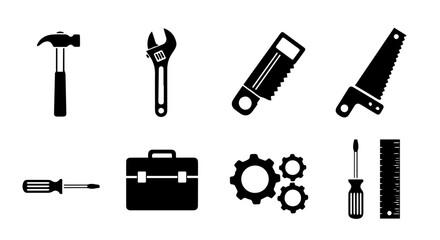 Obraz premium A minimalist black and white vector icon set of essential workshop tools for construction, repair, and DIY projects, featuring a hammer, saw, and gears