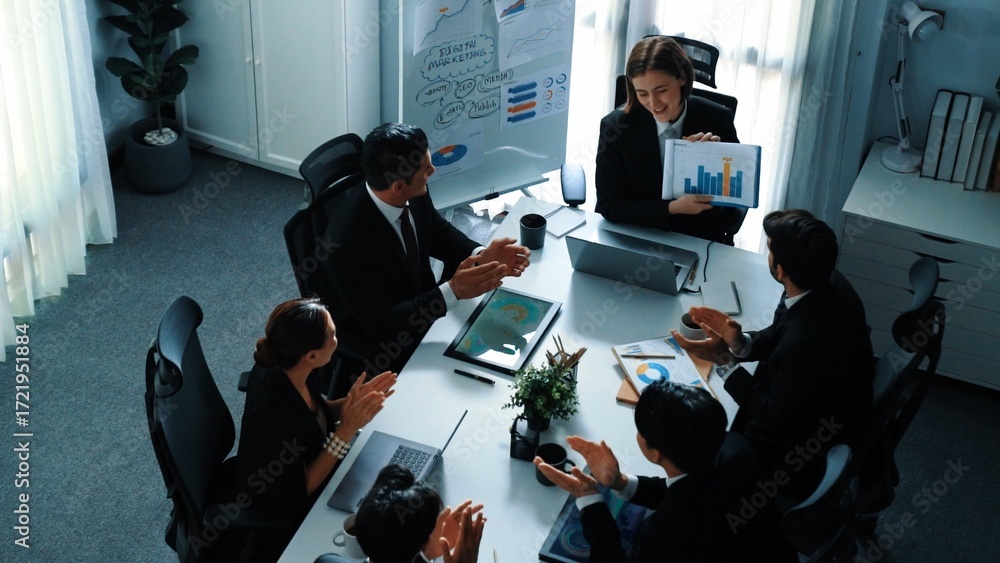 Poster top view of professional executive manager show increasing sales chart to diverse team while group o