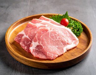 Fresh pork slices on a wooden tray