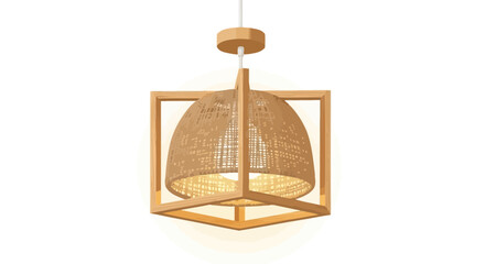 Stylish wicker pendant light fixture with wood frame, vector illustration