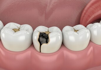 A close up view of a row of teeth with one tooth having a large cavity and black decay visible