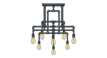 Unique steampunk style ceiling lamp with visible pipes and light bulbs