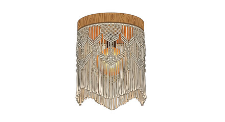 Unique macrame lamp with wood and bulb illustration on white backdrop