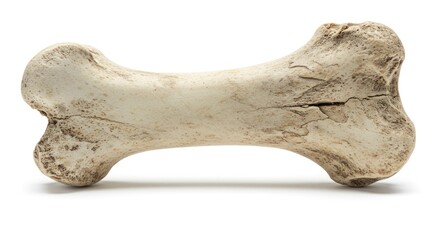 A cracked lightcolored bone lies horizontally against a white background