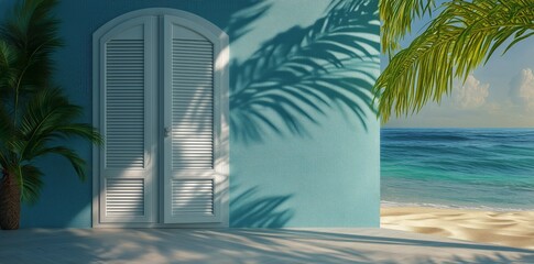Fototapeta premium Bright Blue Wall With Tropical Door and Palm Tree Shadow by the Ocean Shore During Daytime
