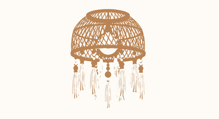 Vintage Bohemian Rattan Pendant Light Fixture Design Element Illustration