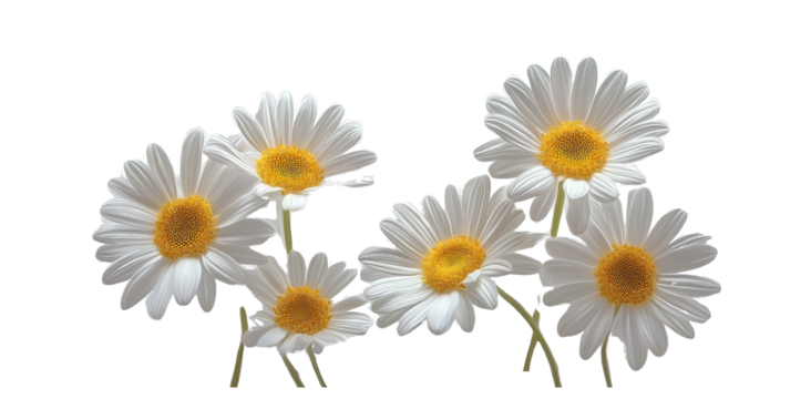 a group of daisies, each with white petals and a yellow center, set against a pure white background with a cutout design, in a png file. the flowers have delicate textures that give them an elegant a