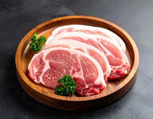 Fresh pork slices on wooden plate
