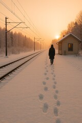 Solitary figure walks on snow covered train platform at sunrise leaving footprints