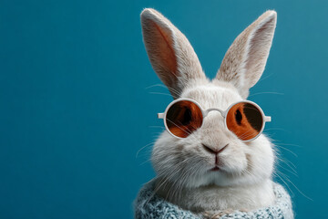 Obraz premium Cute bunny wearing sunglasses and a sweater against a blue background