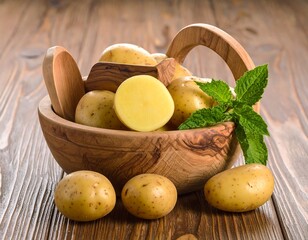 Fresh potatoes in a wooden bowl with mint