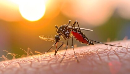 Mosquito feeding on human skin at sunset