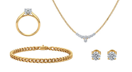 A collection of jewelry including a diamond ring, gold bracelet, diamond necklace and diamond earrings