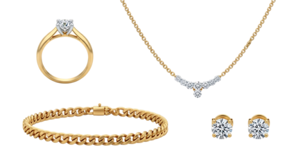 A collection of jewelry including a diamond ring, gold bracelet, diamond necklace and diamond earrings