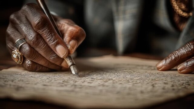Aged hands writing with quill