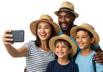 A happy diverse family taking a selfie with a smartphone while wearing hats during a vacation