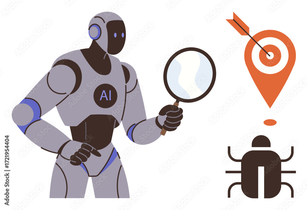 Aufkleber ai robot analyzing bug with magnifying glass, red target marker. ideal for technology, artificial in