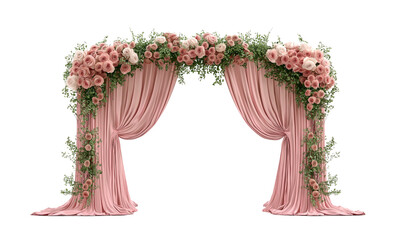 A beautifully decorated wedding gate adorned with fresh flowers and elegant drapery. The floral arch features colorful blooms arranged artistically, creating a romantic and festive entrance for the we
