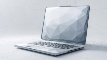 A modern, light gray laptop with a polygonal screen,  set on a white geometric surface