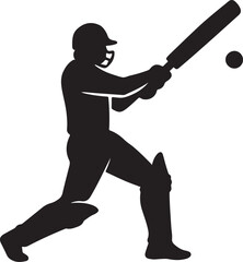 Silhouette of Cricket Batsman Hitting Ball in Dynamic Action Pose Black and White Vector Illustration for Sports Concept