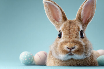 Obraz premium Adorable Easter bunny surrounded by pastel eggs a springtime scene