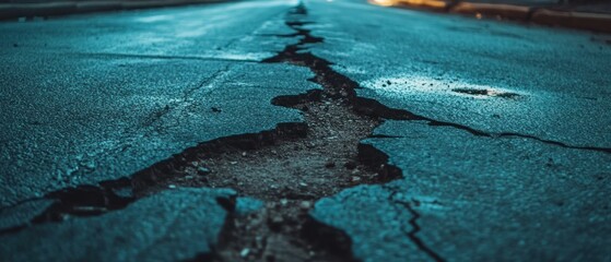 Deep crack in asphalt road surface detailed texture teal color