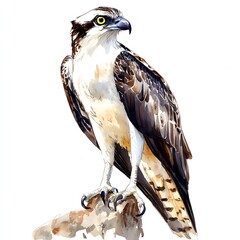 A detailed watercolor illustration depicts an osprey perched on a rock, showcasing its sharp talons and intense gaze.