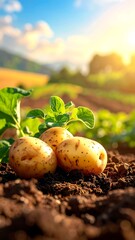 Fresh potatoes on soil, sunlit field