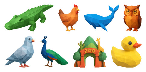 Obraz premium PNG Colorful low-poly animal models, element set on transparent background