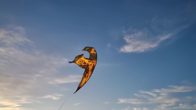 Golden kite soars in a partly cloudy sky