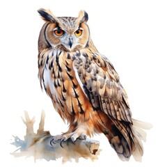 Obraz premium A detailed watercolor-style illustration depicts a Eurasian eagle-owl with orange eyes, perched on a light brown branch against a white background.