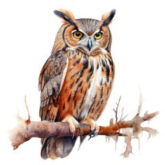 Obraz premium A great horned owl with yellow eyes and brown feathers is sitting on a tree branch against a white background.