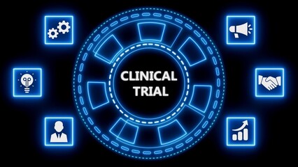 Fototapeta premium Conceptual illustration representing clinical trial process with interconnected icons on a black background.