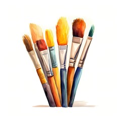 Fototapeta premium The illustration shows seven paintbrushes of various sizes and colors, arranged together against a white backdrop.