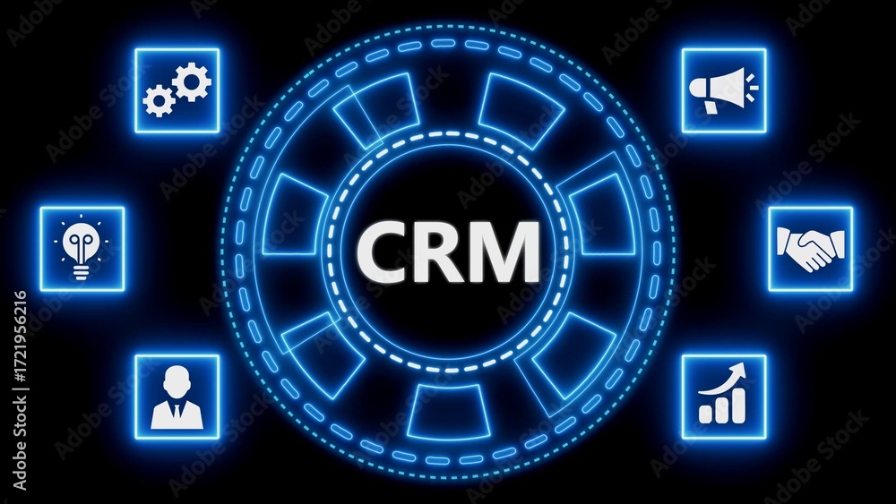 Poster crm system concept visualized with glowing neon elements representing different business aspects