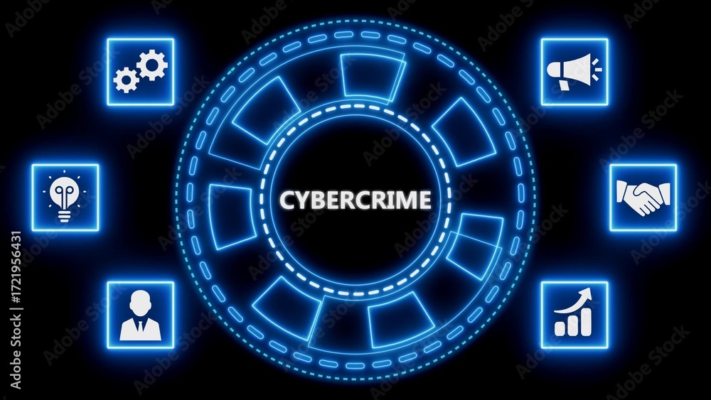 Poster cybercrime concept with icons illustrating network security and technological innovation on black ba