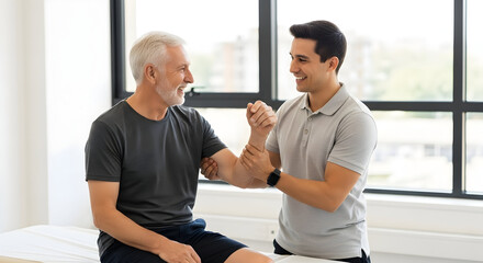 Senior man receiving physiotherapy treatment from a young therapist happy smiling patient healthcare recovery wellbeing rehabilitation exercise physical