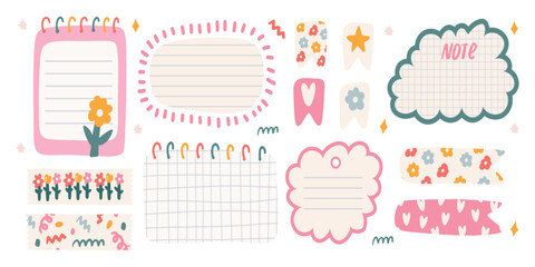Cute pink journaling pages and planner elements with floral and bunny graphics isolated on white background