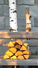 Stacked firewood on a wooden bench