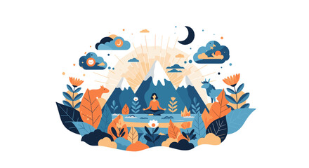 A woman meditates peacefully in a serene mountain landscape under the moon and sun.