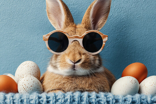 Cute bunny wearing sunglasses surrounded by Easter eggs in a knitted sweater
