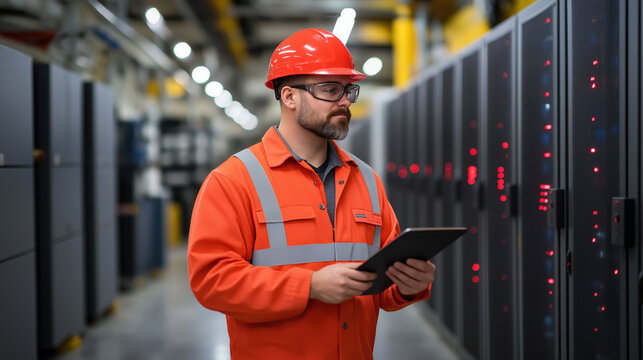 Man in hard hat and safety glasses holding a tablet, performing maintenance or inspection on server racks in a data center, ensuring optimal system performance