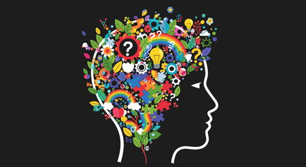 The intricate and colorful explosion of ideas within a human head representing creativity and imagination.