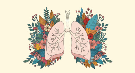 The lungs are intricately decorated with beautiful flowers and leaves signifying health and life.