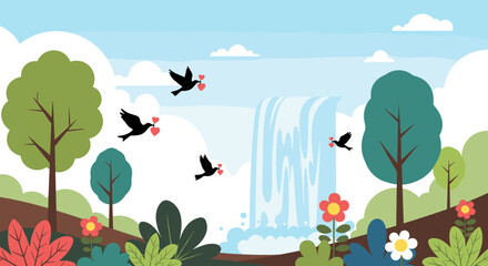 Birds carrying hearts fly over a waterfall surrounded by trees and flowers.