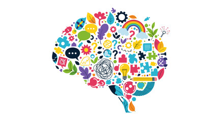 A colorful illustration of the human brain filled with various icons and symbols representing different aspects of thinking and creativity.