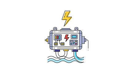 An abstract illustration of an electrical power generation device submerged in water with a lightning bolt symbol indicating energy output.