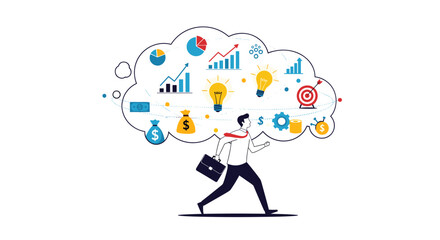 Businessman running with a briefcase and a cloud of business ideas and financial growth symbols above his head.