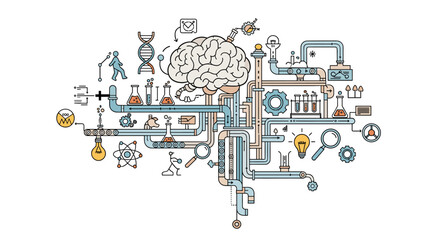An intricate network of scientific experiments and learning flows through a stylized human brain symbolizing knowledge acquisition and discovery.